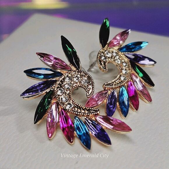 Color-block Rhinestone Stud Earrings Woman's Fashion Chic Drops Angel Wings   B2 - Picture 2 of 6